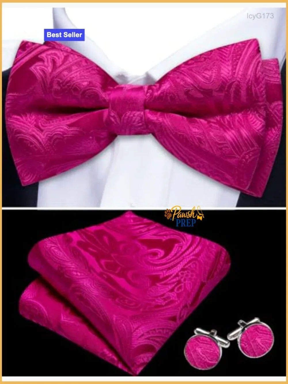 Men's Silk Bow Tie Set with Pocket Square and Cufflinks for Wedding